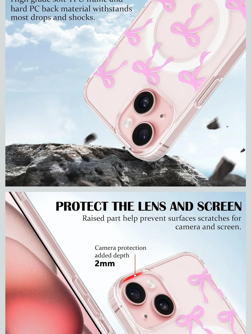 Pink Bow Clear Ring Grip Phone Case - Cute Protective Cover
